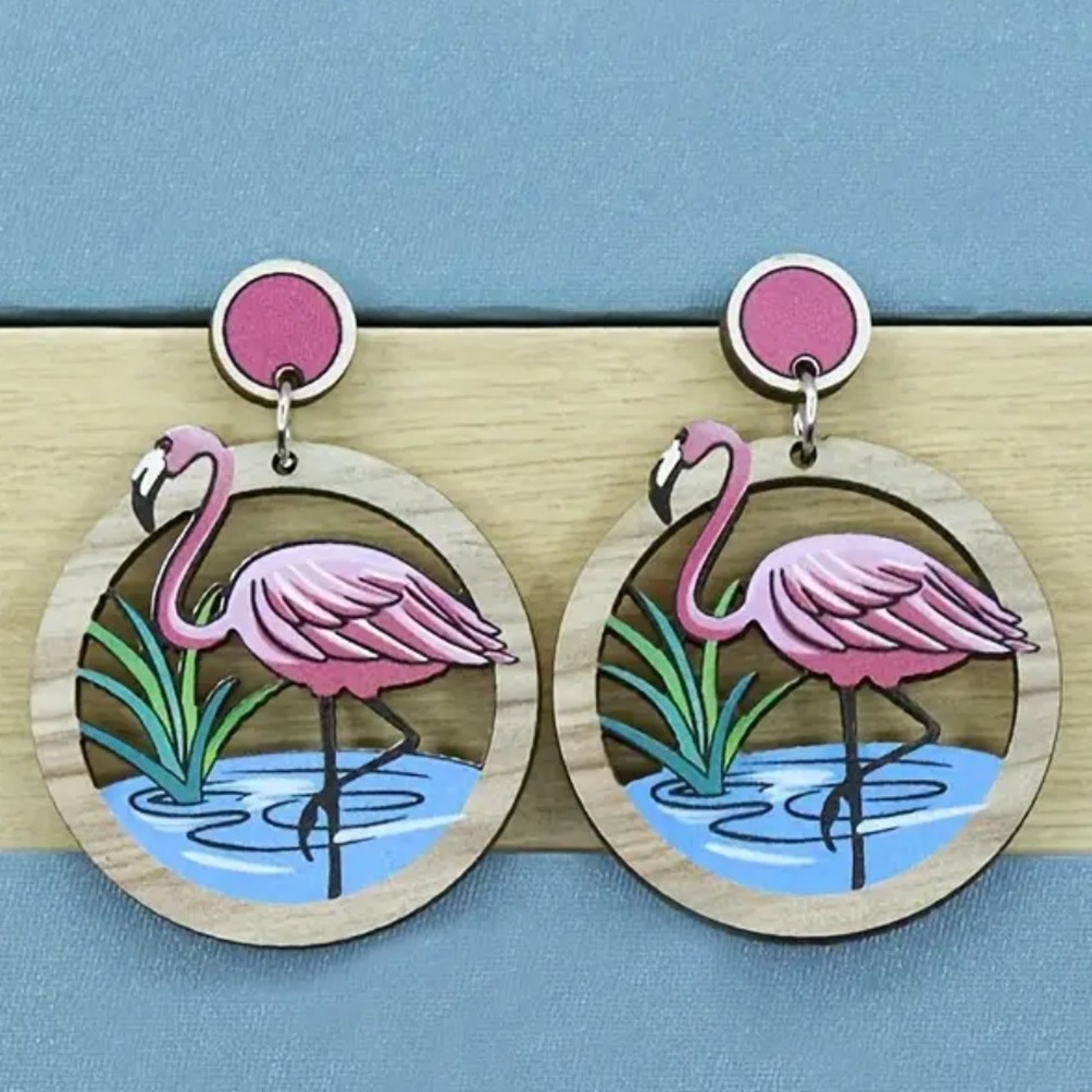 Pink Flamingo Dangle Wooden Laser Cut Post Earrings - Picture 5 of 5